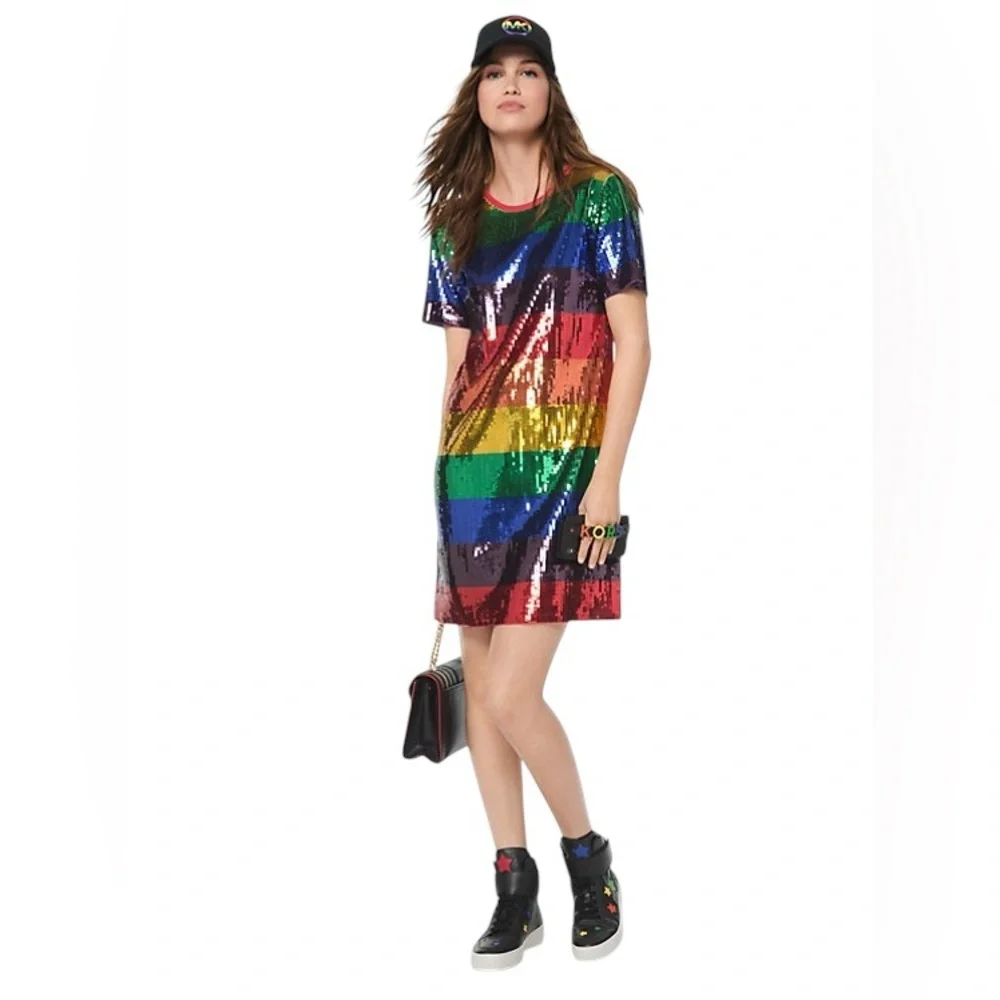 Michael Michael Kors Rainbow Sequined Cotton-Jersey T-Shirt Dress Size XS - Picture 4 of 10